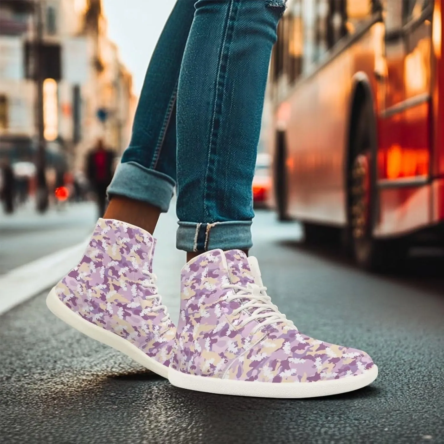 Camouflage Print High Top Barefoot Shoes for Men Comfy Flats PU Leather Walking Shoes Lightweight Non Slip Casual Lace Up Sneakers