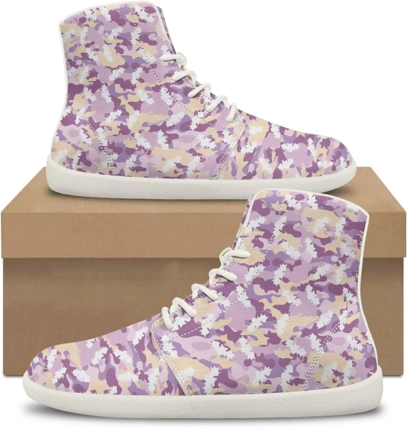 Camouflage Print High Top Barefoot Shoes for Men Comfy Flats PU Leather Walking Shoes Lightweight Non Slip Casual Lace Up Sneakers