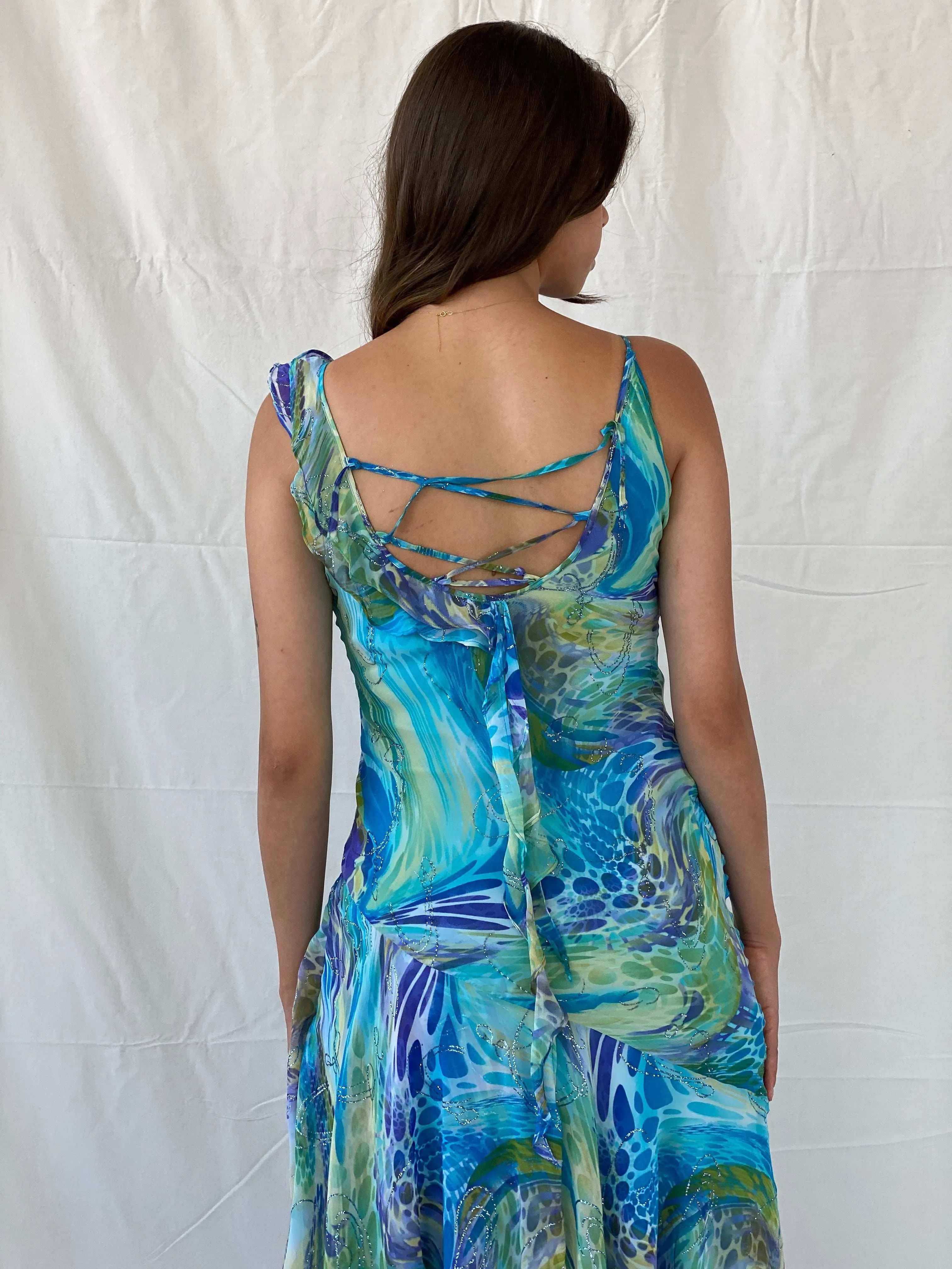 Dreamy 90s Gardo Collection Blue Asymmetric Hem Midi Dress - Size S - Vintage-Inspired Elegance