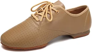 HROYL Leather Jazz Chunky Heel Dance Shoes Practice Ballroom Women Lace Up Social Dancing Shoes
