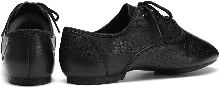 HROYL Leather Jazz Chunky Heel Dance Shoes Practice Ballroom Women Lace Up Social Dancing Shoes