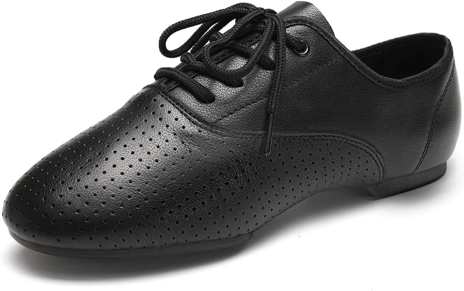 HROYL Leather Jazz Chunky Heel Dance Shoes Practice Ballroom Women Lace Up Social Dancing Shoes