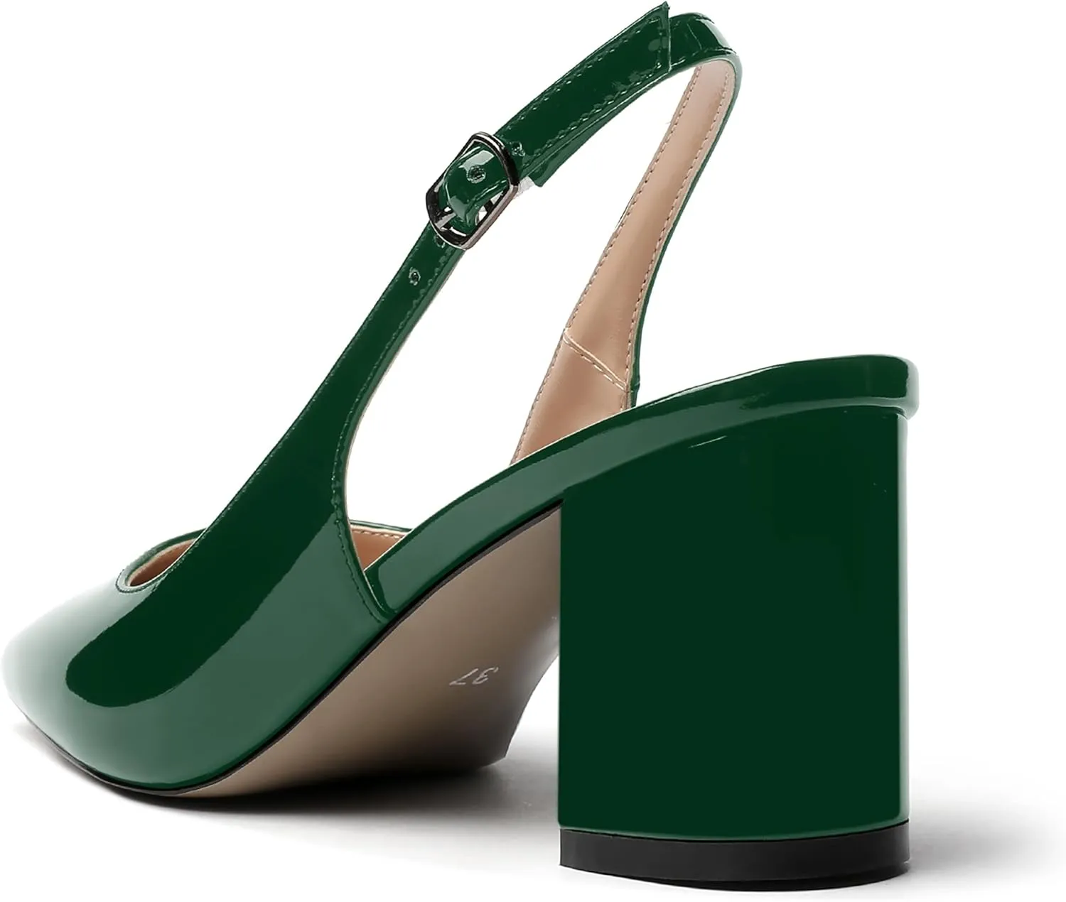 MERRORI Women's Patent Buckle Block Solid Slingback Square Toe Chunky Mid Heel Pumps Shoes 2.5 Inch