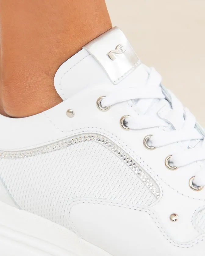 SNEAKERS PELLE BIANCA MICRO STRASS