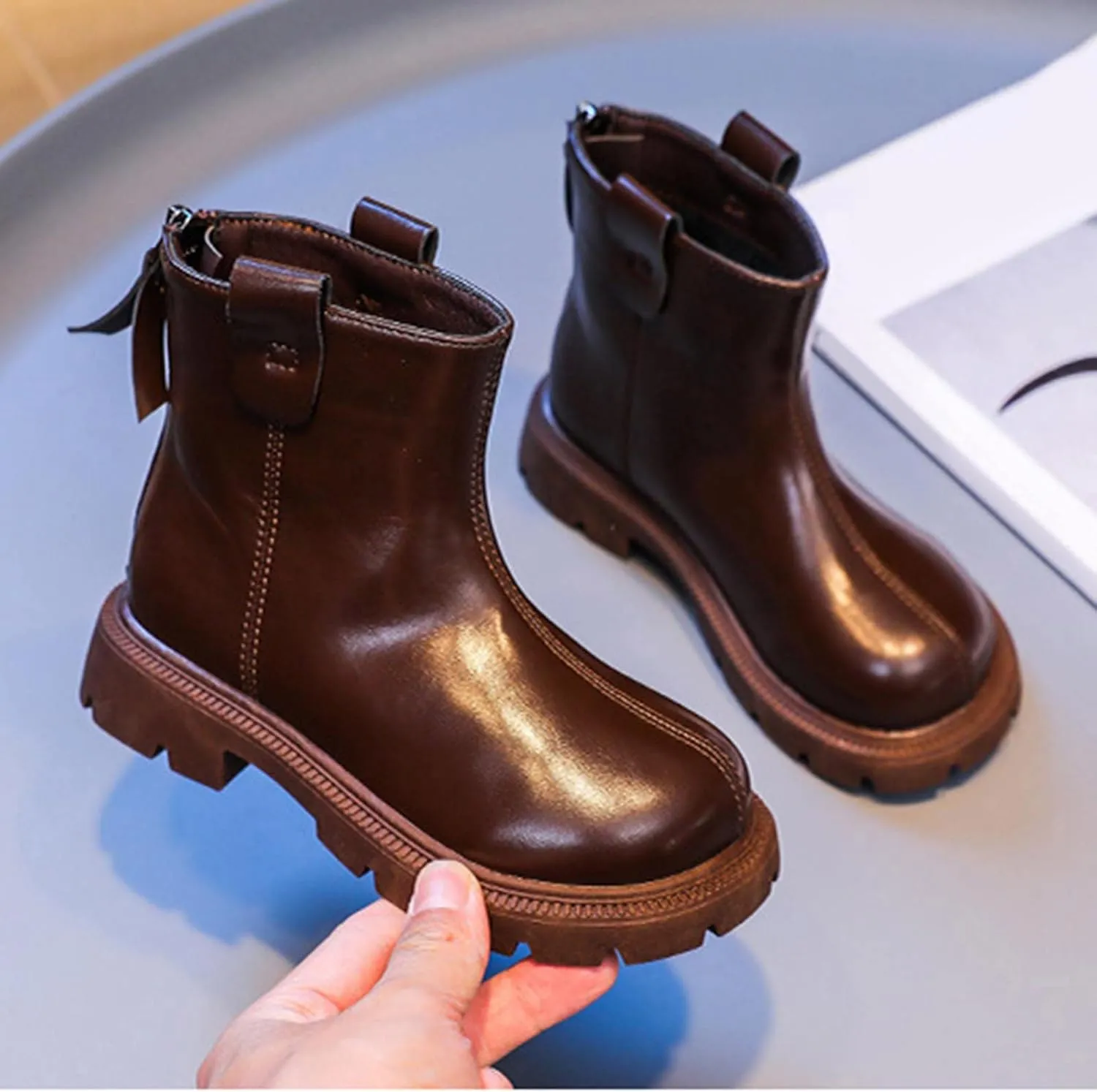 Winter Children Ankle Boots Kids Girls Flat Soles Thick Soles Non Slip Zipper Warm Casual Comfortable Dress Booties (Brown, 3.5-4 Years Toddler)