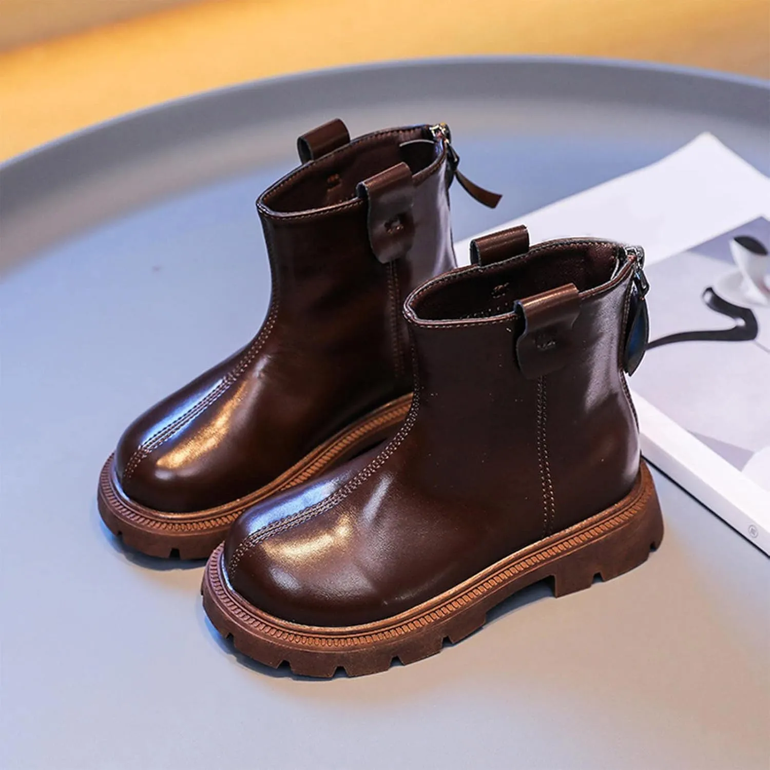 Winter Children Ankle Boots Kids Girls Flat Soles Thick Soles Non Slip Zipper Warm Casual Comfortable Dress Booties (Brown, 3.5-4 Years Toddler)