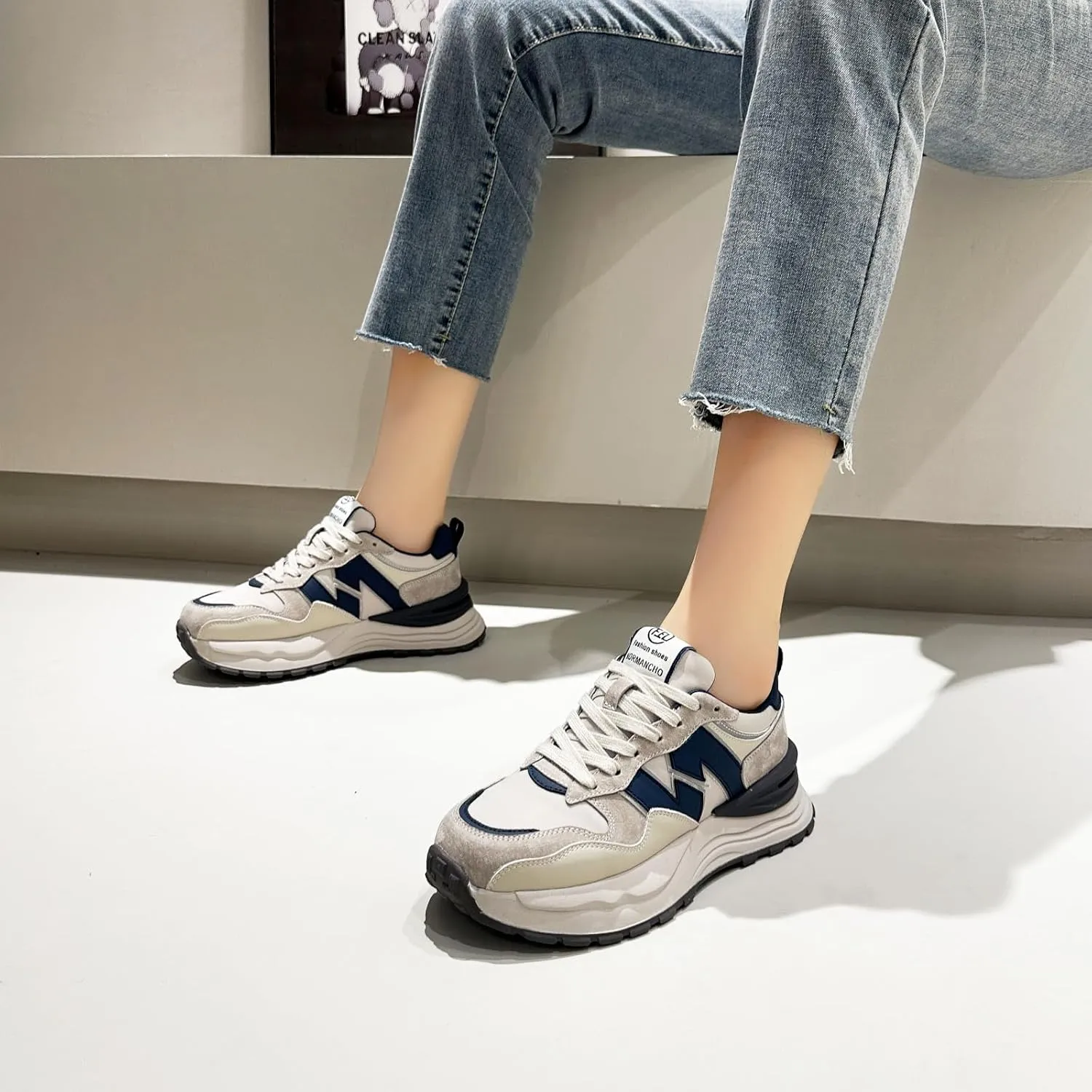 Womens Fashion Breathable Leather Platform Lace-Up Sneakers Lightweight Retro Non Slip Round Toe Workout Sport Shoes for Tennis Walking Driving Daily